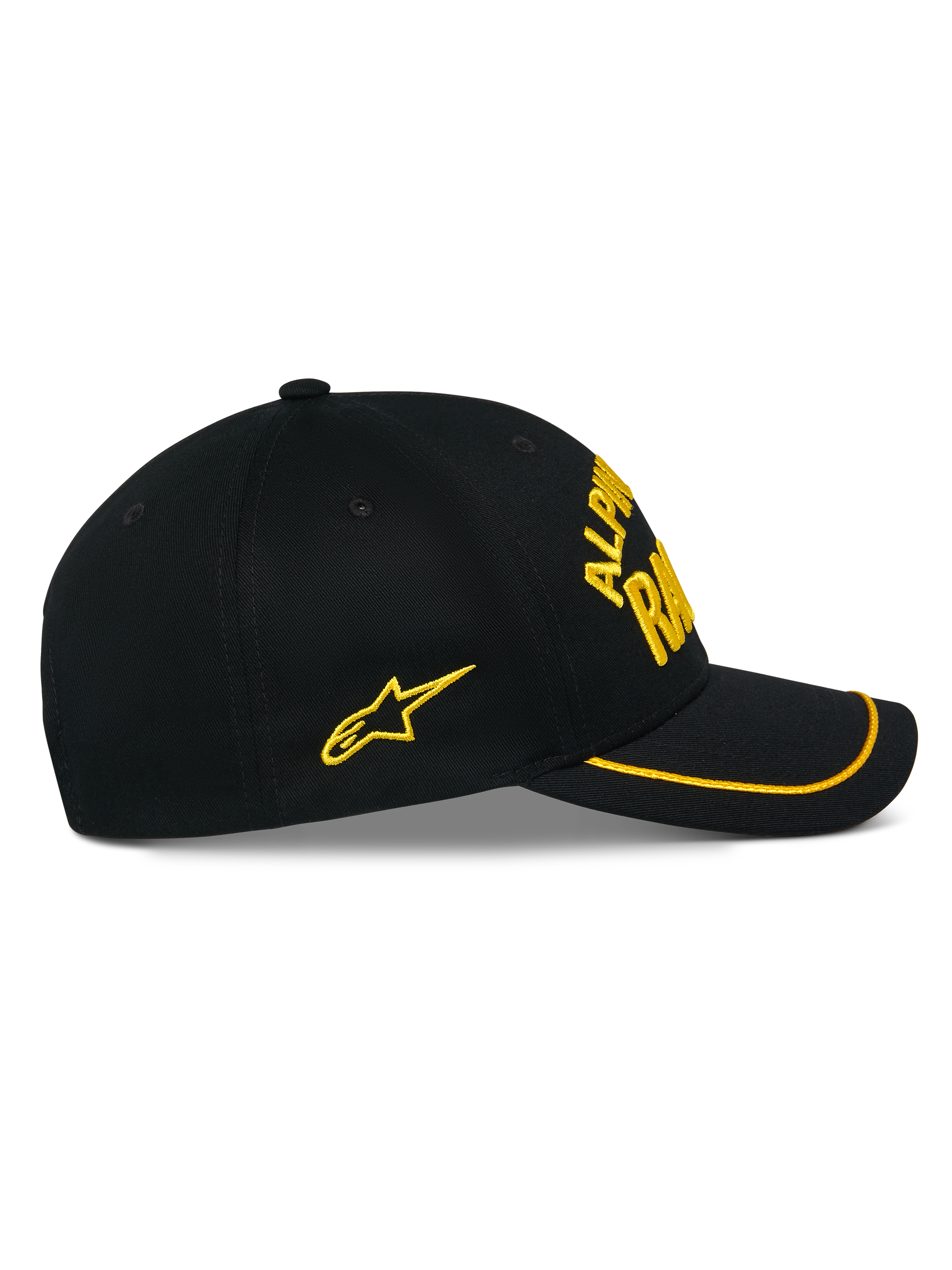 Alpinestars Luminary Hat, Black Snapback Cap, side view, curved bill with yellow sutache trim, yellow 3D embroidered logo and side star, 100% cotton twill, casual motorsport-inspired headwear