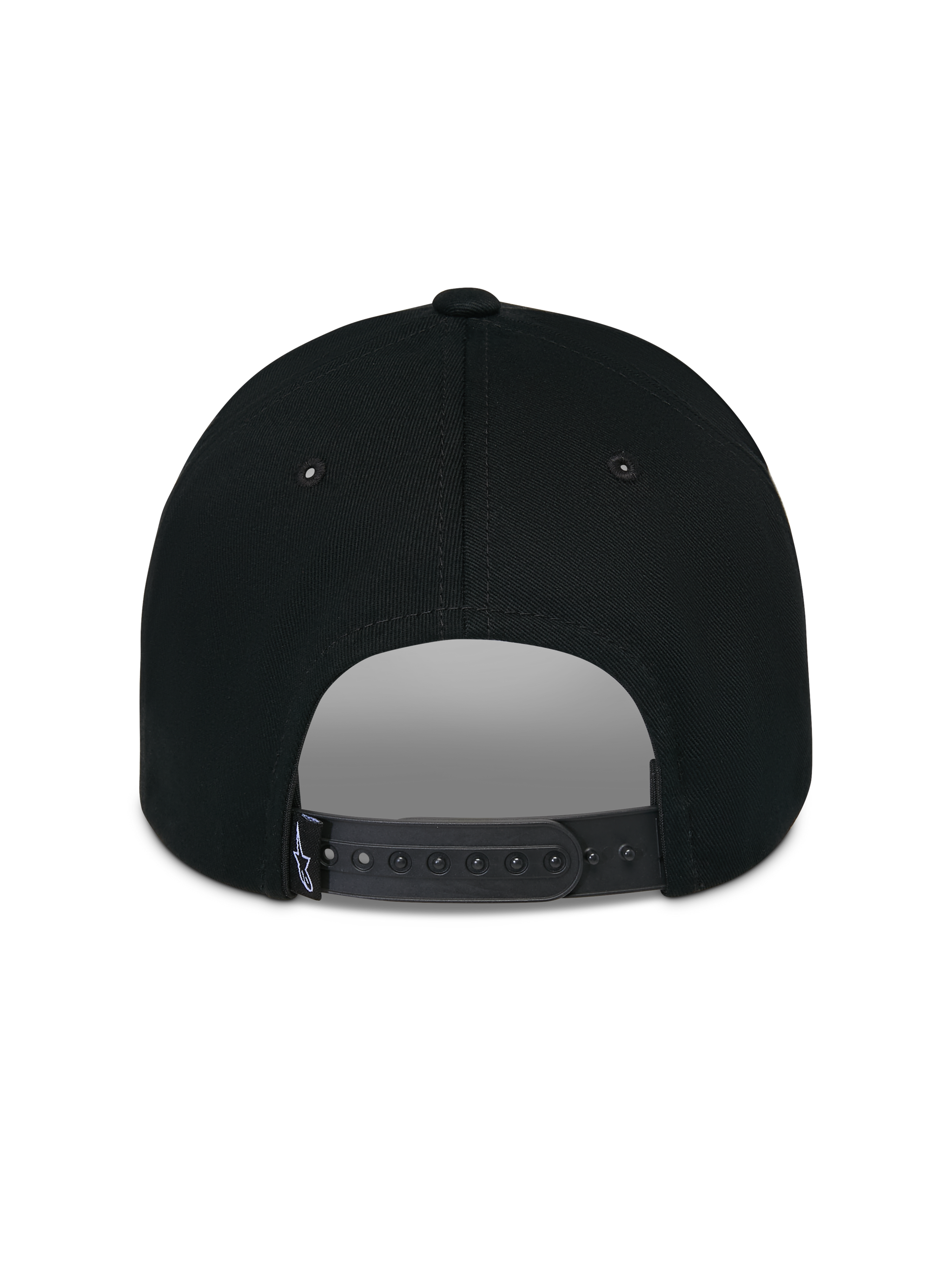 Alpinestars Luminary Hat, Black, rear view showing adjustable snapback closure and small woven logo label, structured cotton crown, casual motorsport-inspired headwear