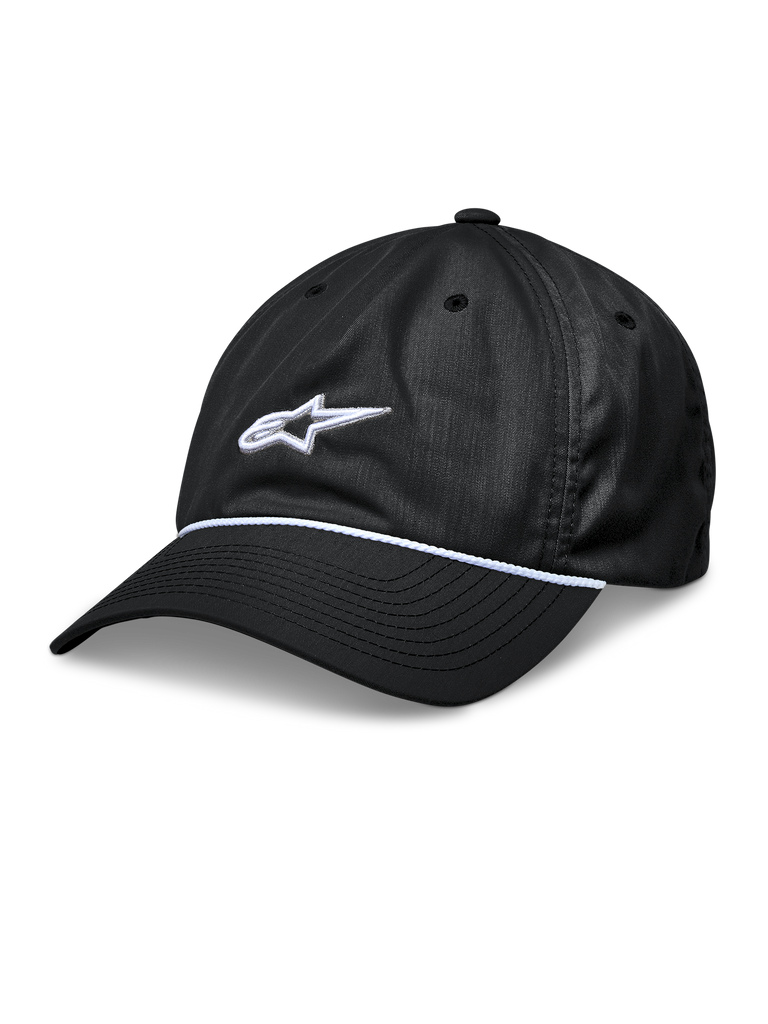 Alpinestars Tyler Hat, Black Snapback Baseball Cap, Curved Bill with White Braided Rope Trim, White 3D Embroidered Star Logo, Unstructured Low Crown, Casual Sportswear Headwear