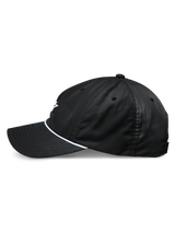 Alpinestars Tyler Hat, black snapback baseball cap, side profile view, featuring a curved bill and white braided rope trim, unstructured low crown, made from recycled twill, casual motorsport-inspired design