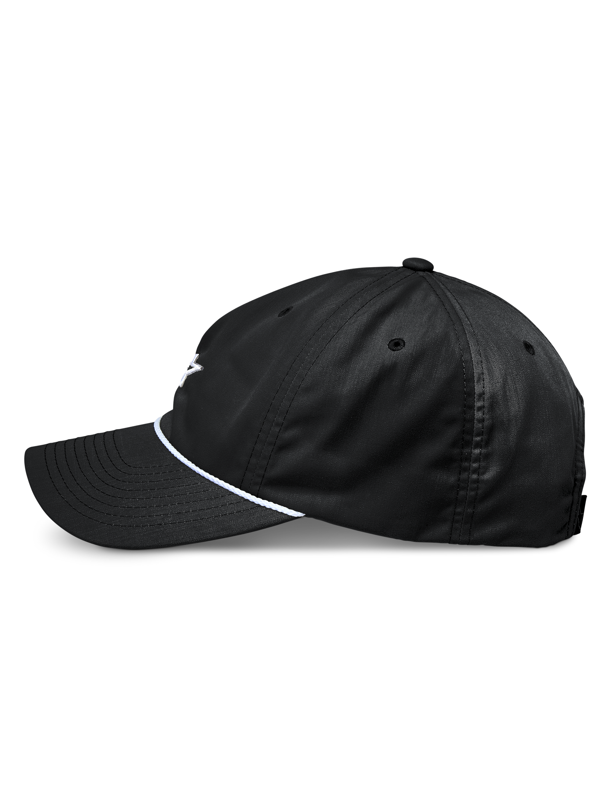 Alpinestars Tyler Hat, black snapback baseball cap, side profile view, featuring a curved bill and white braided rope trim, unstructured low crown, made from recycled twill, casual motorsport-inspired design