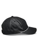 Alpinestars Tyler Hat, Black snapback hat shown from the side, curved bill, white braided rope trim, unstructured low crown, recycled polyester twill, casual sportswear