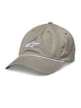 Alpinestars Tyler Hat, Khaki Baseball Cap, featuring a white 3D embroidered logo and white braided rope trim, unstructured low crown with a curved bill, and six-panel recycled twill construction with ventilation holes.