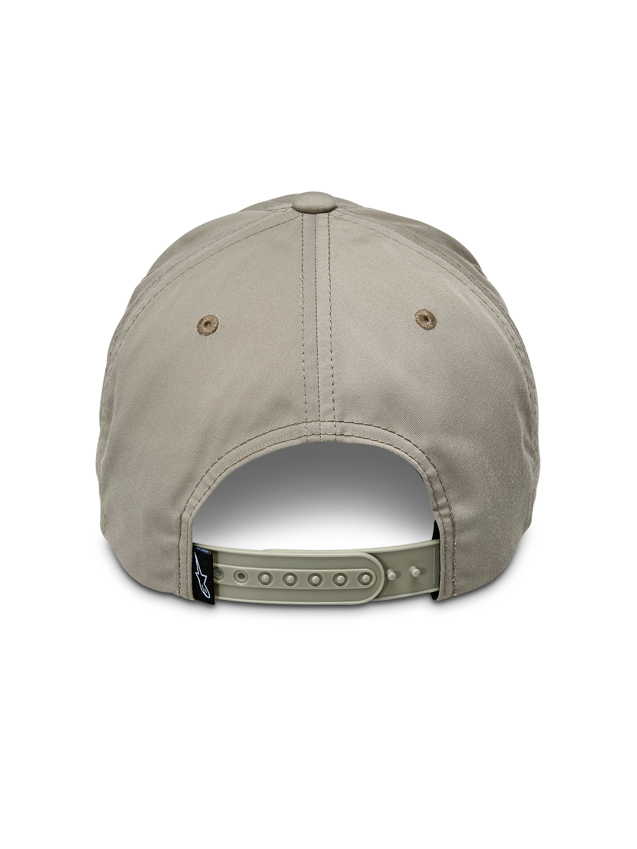 Alpinestars Tyler Hat, Khaki, rear view showing adjustable snapback closure and small black brand tag, unstructured low crown design in recycled twill fabric, casual sportswear hat