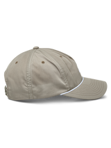 Alpinestars Tyler Hat, Khaki casual snapback cap, side profile showing curved bill with white braided rope trim, unstructured low crown made of recycled twill, motorsport-inspired lifestyle headwear