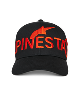 Alpinestars Committed Hat, Black snapback baseball cap, large red embroidered Alpinestars logo and text on front, curved bill, structured crown, casual motorsport streetwear