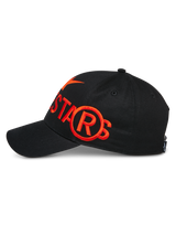Alpinestars Committed Hat, Black, Snapback Baseball Cap, Side view featuring large orange flat embroidery logo, structured crown with curved bill, casual motorsport lifestyle headwear