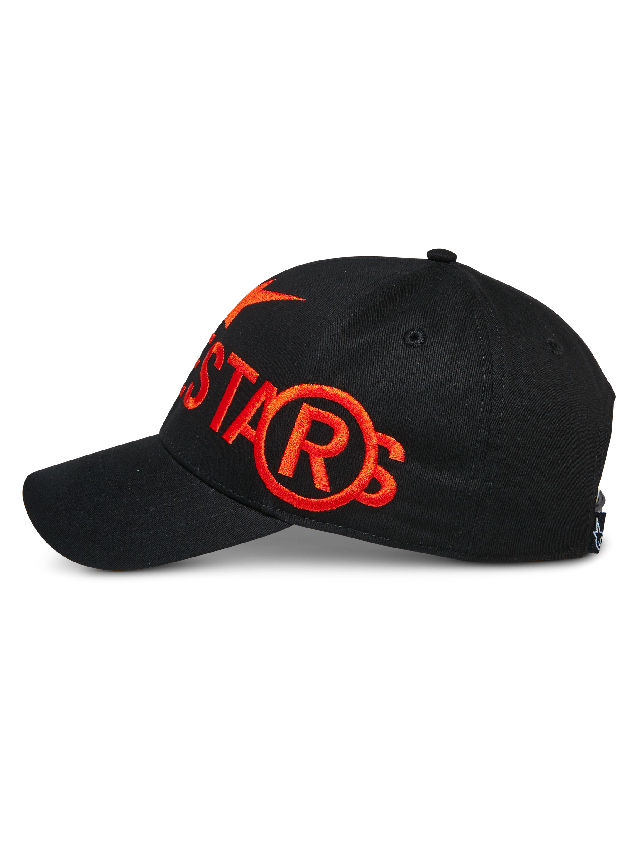 Alpinestars Committed Hat, Black, Snapback Baseball Cap, Side view featuring large orange flat embroidery logo, structured crown with curved bill, casual motorsport lifestyle headwear