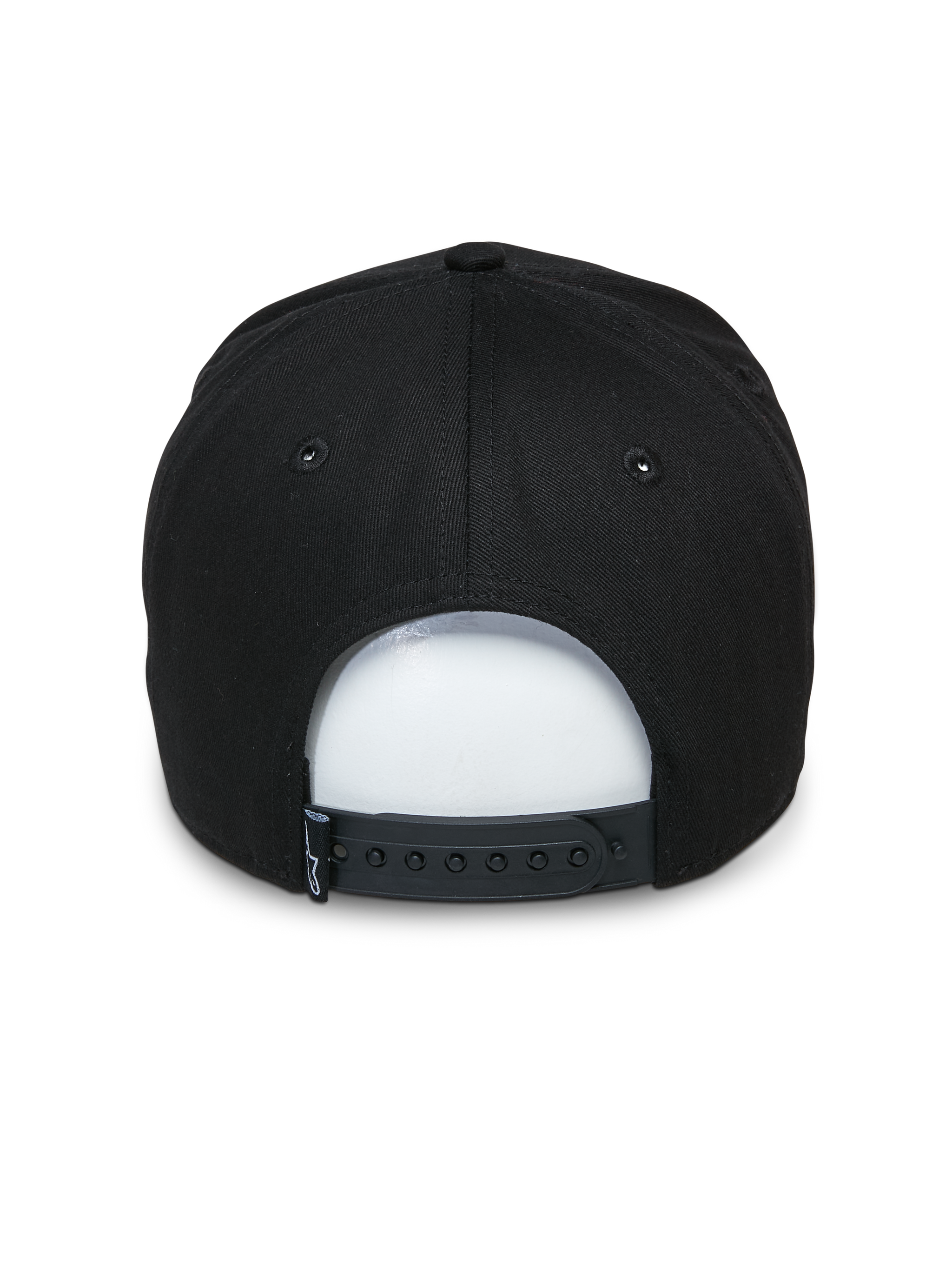 Alpinestars Committed Hat, Black Snapback Hat, back view featuring adjustable snap closure and small woven label, structured crown, casual motorsport-inspired headwear