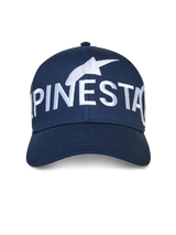 Alpinestars Committed Hat, Navy Blue, Snapback Baseball Cap, featuring a large white embroidered Alpinestars logo across the front, structured crown with a curved bill, casual motorsport streetwear
