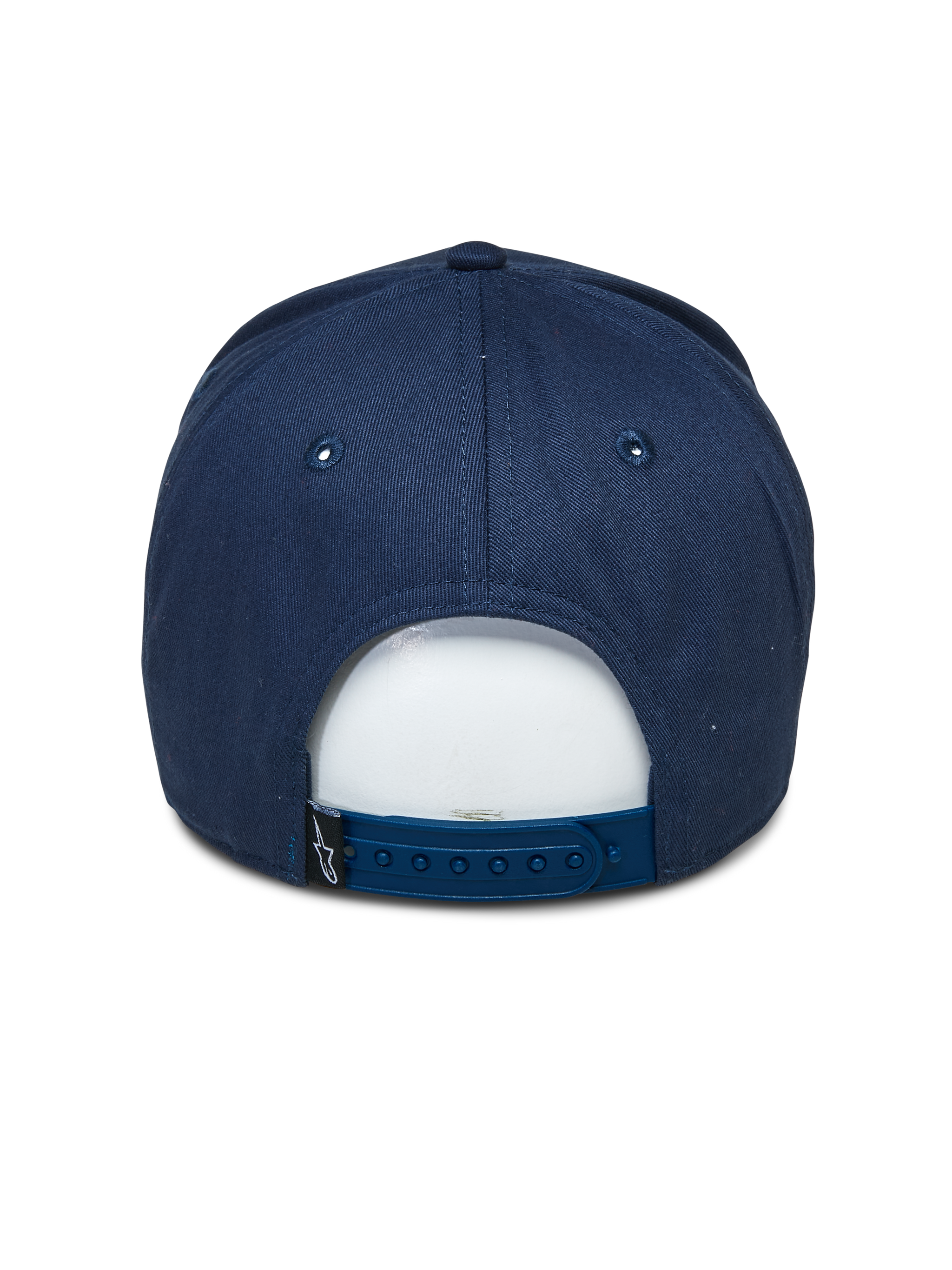 Alpinestars Committed Hat, Navy Blue, Snapback Baseball Cap, Rear View, featuring adjustable plastic closure and small black logo tag, casual motorsport-inspired headwear