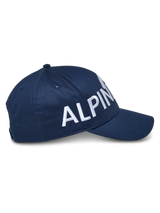 Alpinestars Committed Hat, Snapback Baseball Cap, Navy Blue, Side view featuring large white embroidered branding, structured crown with curved bill, durable twill fabric, casual motorsport headwear