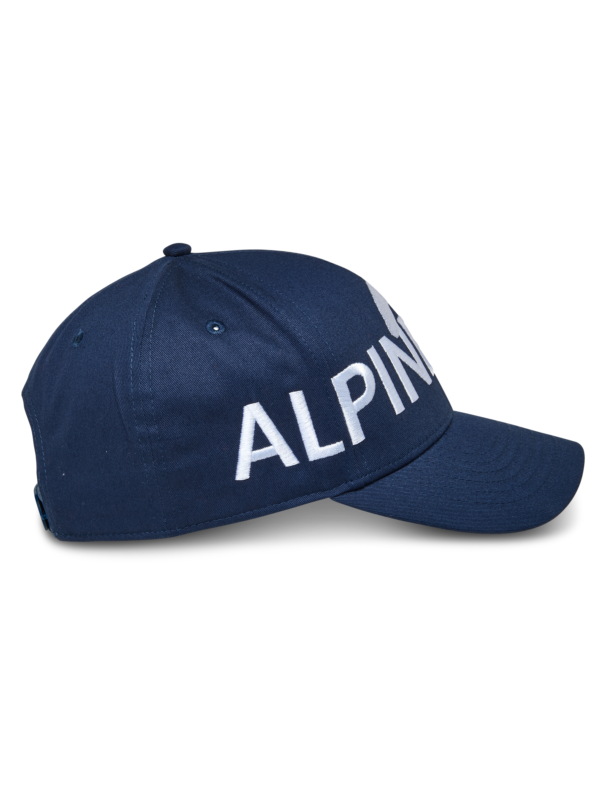 Alpinestars Committed Hat, Snapback Baseball Cap, Navy Blue, Side view featuring large white embroidered branding, structured crown with curved bill, durable twill fabric, casual motorsport headwear