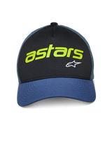 Alpinestars Vital Trucker Hat, Casual Trucker Cap, Black and Blue with Green mesh back, featuring lime green 'astars' text and white A-star logo, curved bill and structured crown