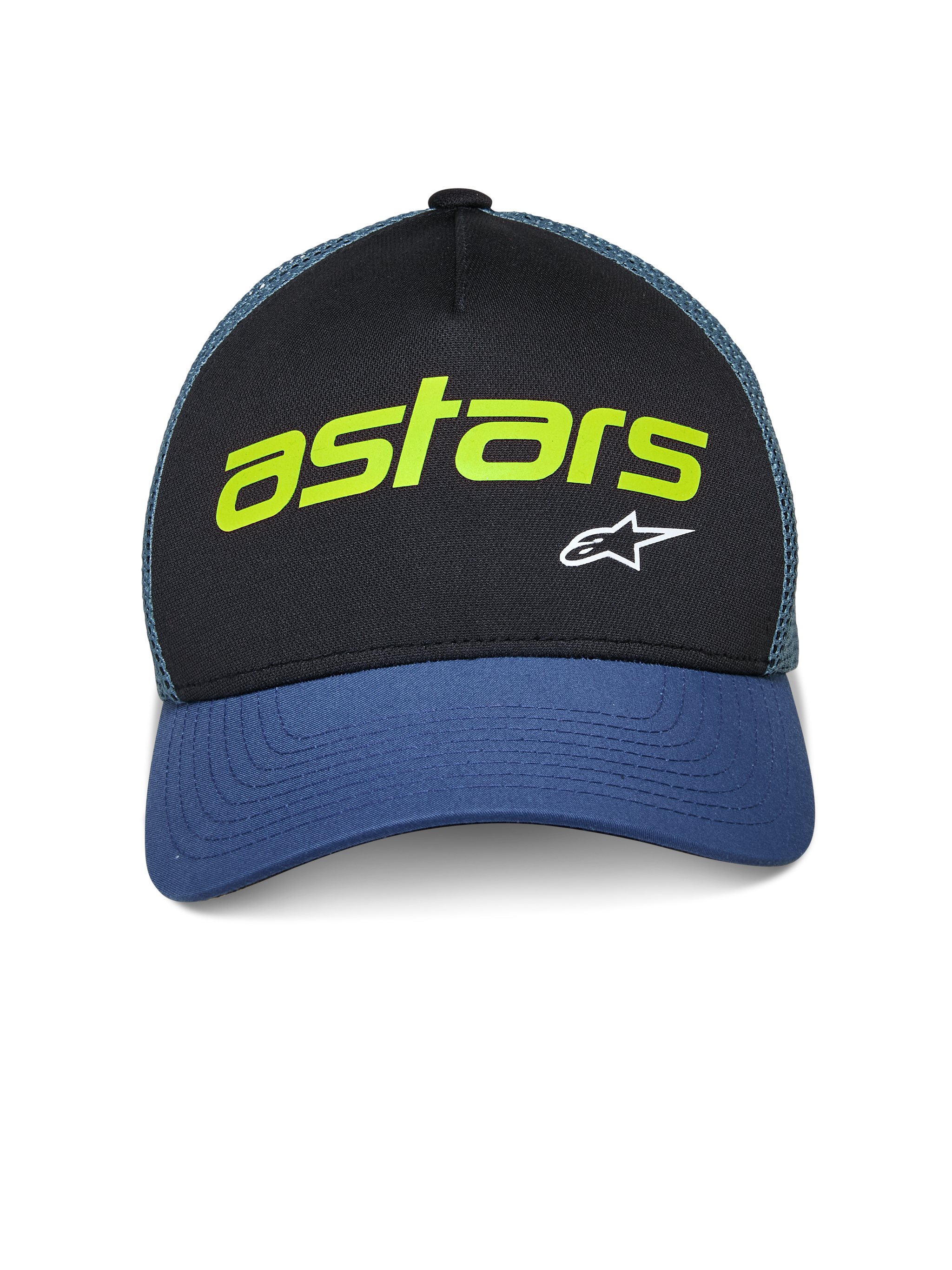 Alpinestars Vital Trucker Hat, Casual Trucker Cap, Black and Blue with Green mesh back, featuring lime green 'astars' text and white A-star logo, curved bill and structured crown