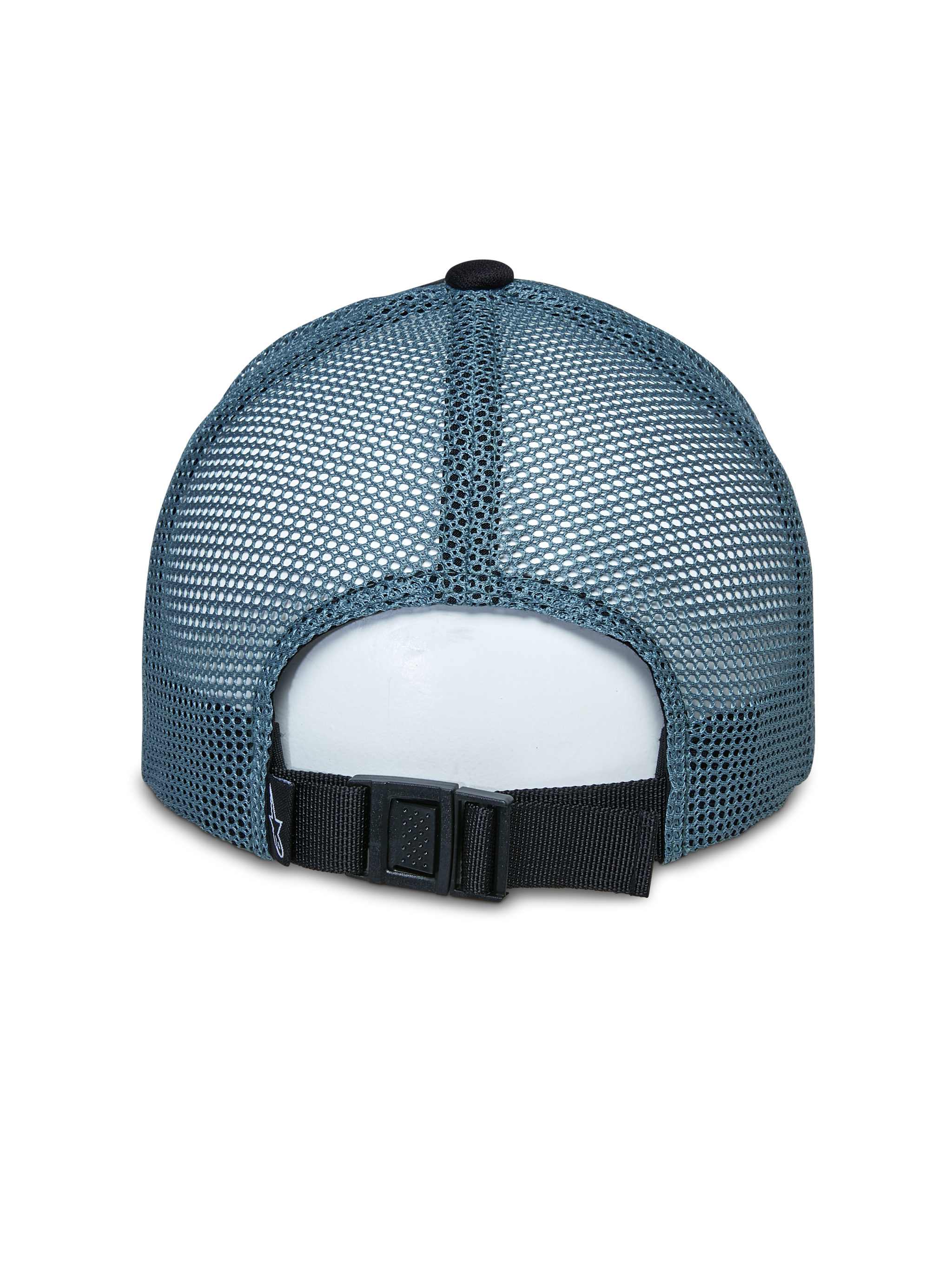 Alpinestars Vital Trucker Hat, rear view, blue mesh back panels, black adjustable buckle strap, structured crown, casual sportswear headwear