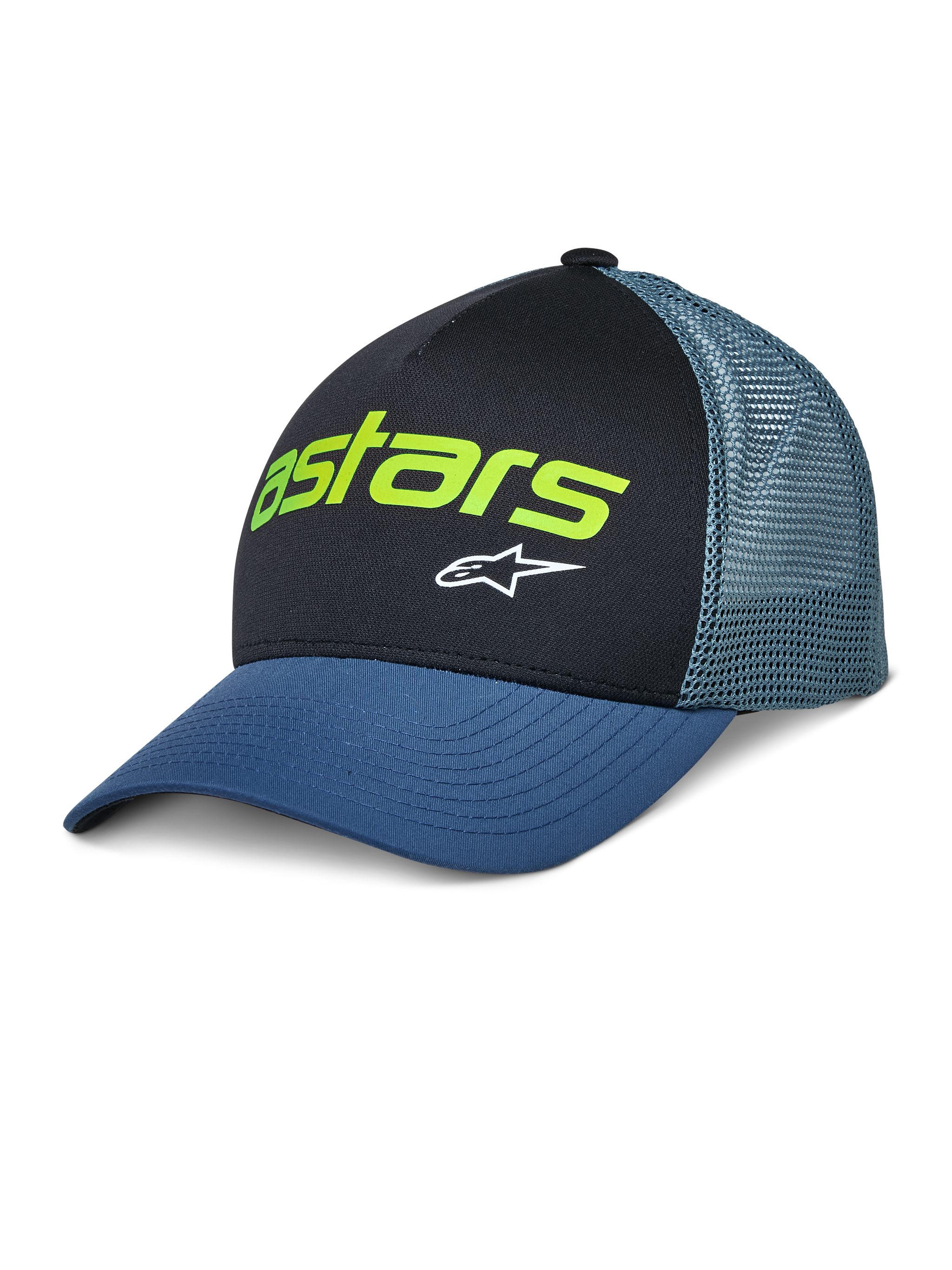 Alpinestars Vital Trucker Hat, Casual Trucker Cap, Black and Blue, Lime Green Astars Logo and White Star, Structured Crown, Curved Brim, Ventilated Mesh Back