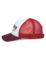 Alpinestars Vital Trucker Hat, side view, white structured front panel with black logo, maroon curved bill, orange mesh back, casual sportswear headwear