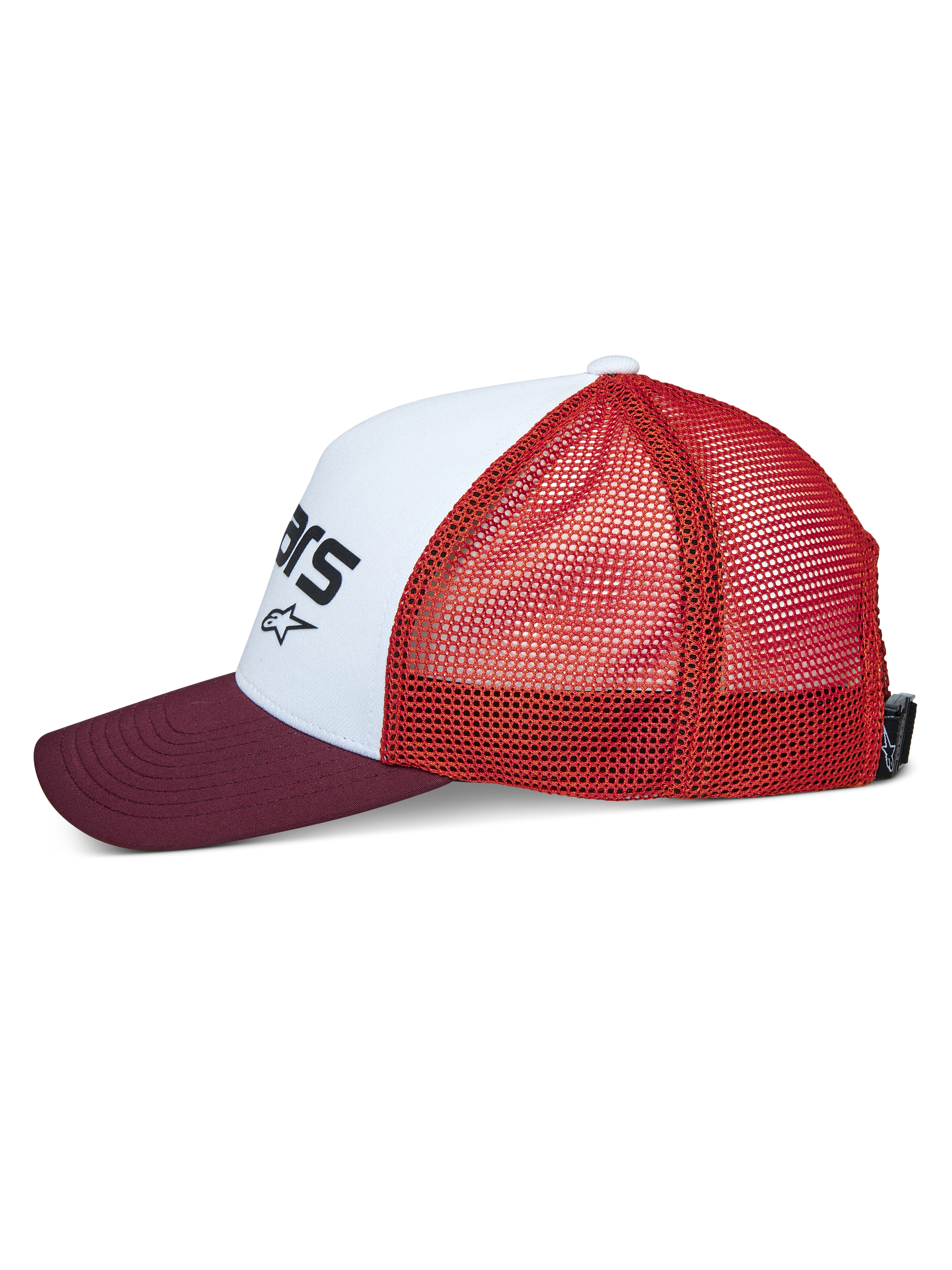 Alpinestars Vital Trucker Hat, side view, white structured front panel with black logo, maroon curved bill, orange mesh back, casual sportswear headwear