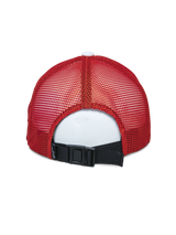 Alpinestars Vital Trucker Hat, back view, White Maroon Orange, featuring red mesh panels and a black adjustable buckle-back closure, casual sportswear headwear