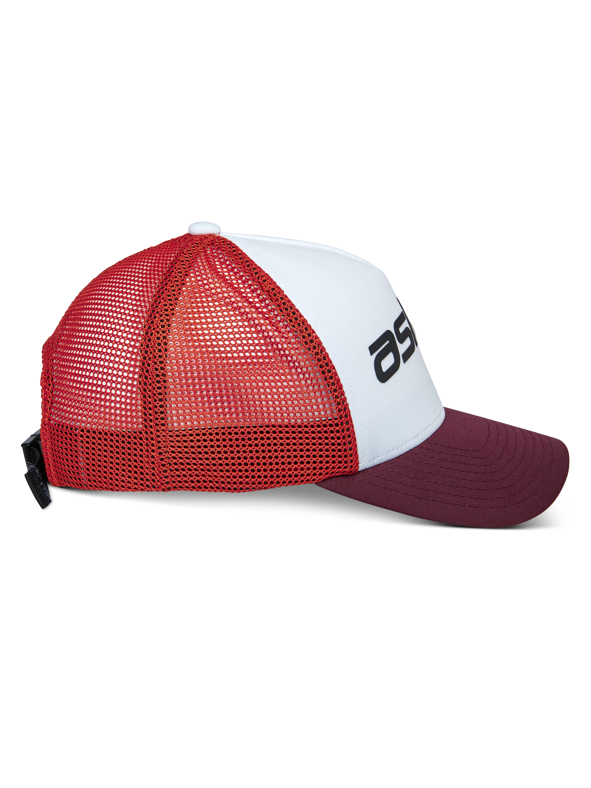 Alpinestars Vital Trucker Hat, casual trucker cap, White Maroon Orange, side profile view featuring a curved bill and mesh back, adjustable buckle closure, structured crown with black logo