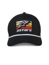 Alpinestars Selica Trucker Hat, Black, Front embroidered patch with white Astars logo and multi-colored stripes, white braided rope trim, curved bill, structured crown, casual motorsport-inspired streetwear