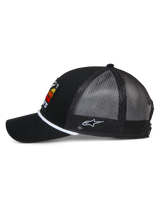Alpinestars Selica Trucker Hat, Black, side profile showing curved bill and mesh back, white braided rope trim at the base of the crown, white side embroidered logo, casual motorsport-inspired cap