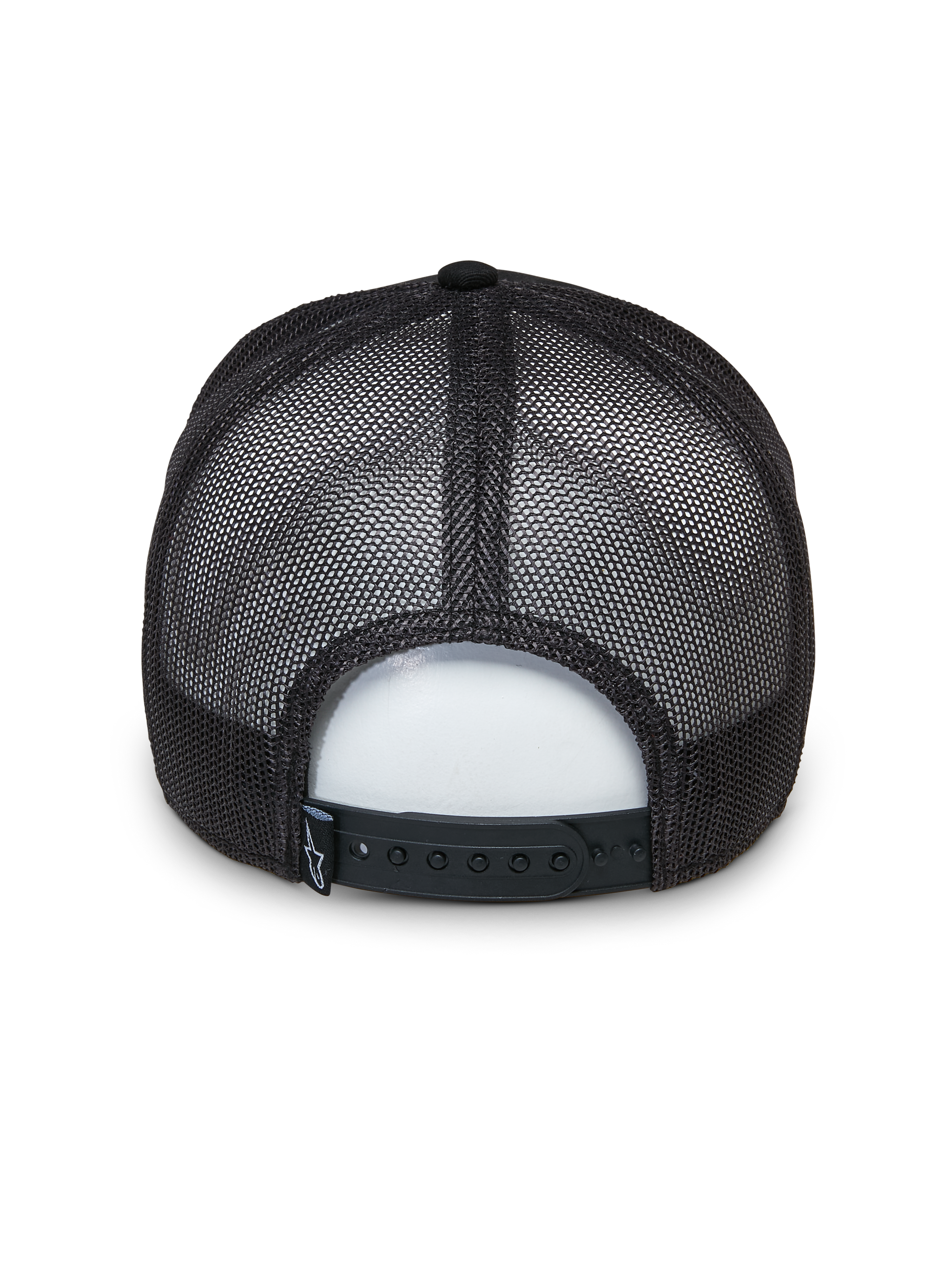 Alpinestars Selica Trucker Hat, Black, back view featuring breathable mesh panels and an adjustable snapback closure, small woven logo label, classic structured trucker design for casual wear.