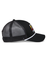 Alpinestars Selica Trucker Hat, Black Trucker Hat, side profile view featuring black mesh panels, white braided rope trim, colorful embroidered patch logo, curved bill, casual motorsport headwear
