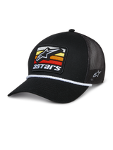 Alpinestars Selica Trucker Hat, black mesh-back cap with a curved brim, featuring a front patch with yellow, orange, and red horizontal stripes, white braided rope trim, and side embroidery, casual motorsport-inspired headwear