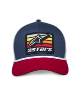 Alpinestars Selica Trucker Hat, Navy Red and White, Curved Red Bill, Navy Blue Structured Crown with White Mesh Back, Front Embroidered Astars Patch Logo with Braided White Rope Trim