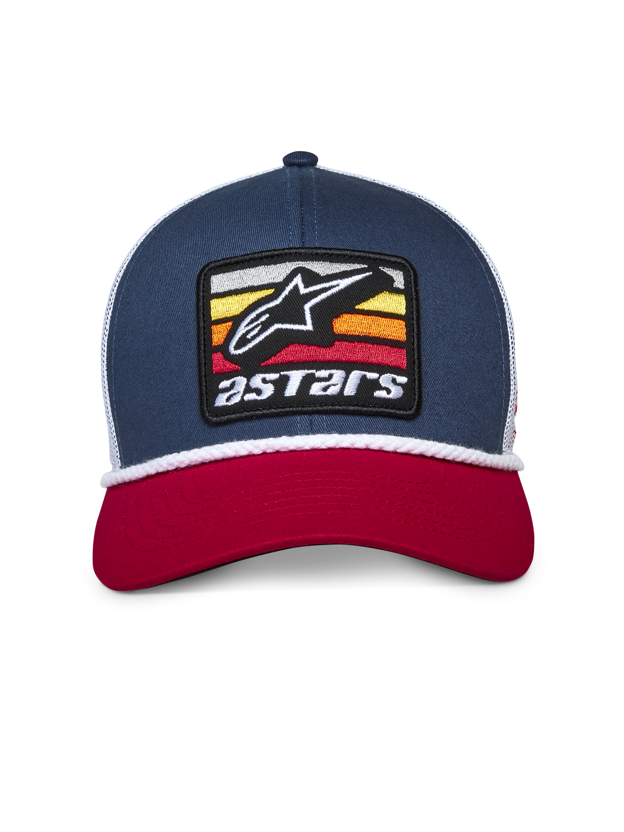 Alpinestars Selica Trucker Hat, Navy Red and White, Curved Red Bill, Navy Blue Structured Crown with White Mesh Back, Front Embroidered Astars Patch Logo with Braided White Rope Trim