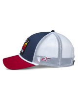 Alpinestars Selica Trucker Hat, Side View, Red Curved Bill, Navy Front Panel with White Mesh Back, White Braided Rope Trim, Small Red Embroidered Logo, Casual Motorsport-Inspired Headwear