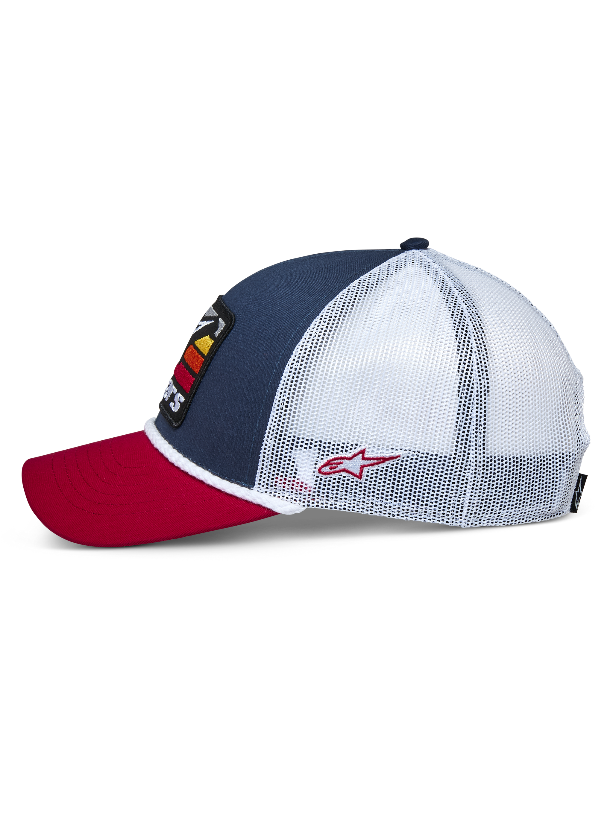 Alpinestars Selica Trucker Hat, Side View, Red Curved Bill, Navy Front Panel with White Mesh Back, White Braided Rope Trim, Small Red Embroidered Logo, Casual Motorsport-Inspired Headwear