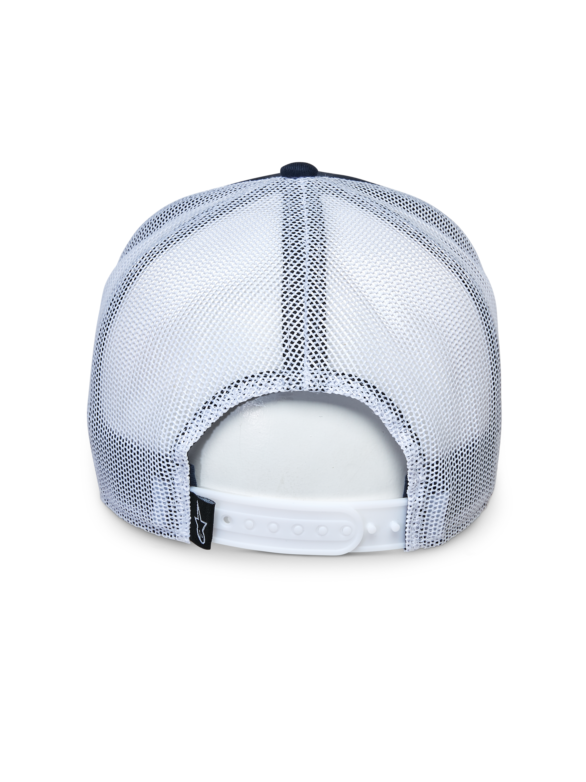 Alpinestars Selica Trucker Hat, back view, Navy and White, white mesh panels and adjustable snap-back closure, small black logo tag, casual motorsport headwear
