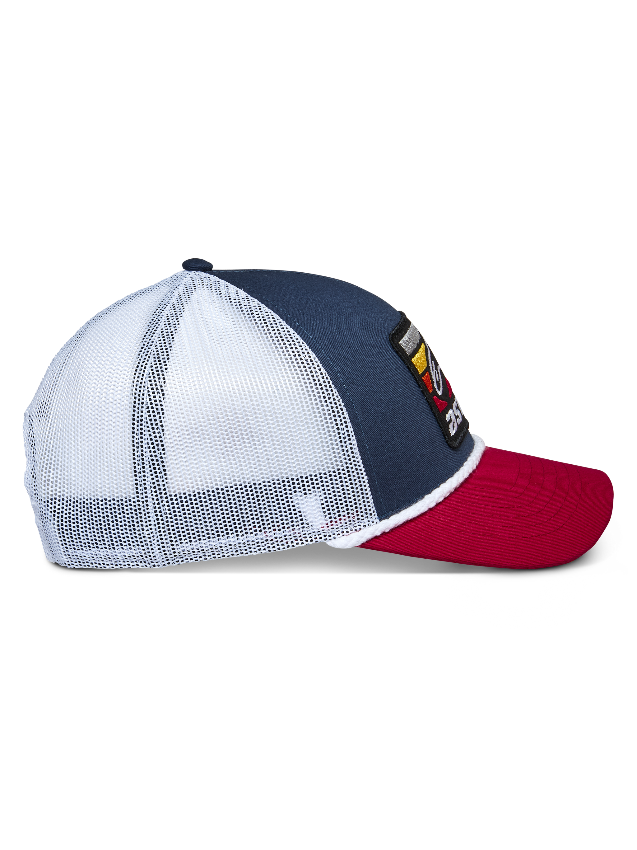 Alpinestars Selica Trucker Hat, Navy Red and White, side profile view featuring navy blue crown, red curved bill, and white mesh back panels, braided rope trim, casual motorsport lifestyle headwear