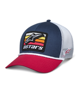 Alpinestars Selica Trucker Hat, Navy Blue and Red Snapback Cap with White mesh back, front embroidered patch featuring the star logo and colorful stripes, white braided rope trim, casual motorsport-inspired streetwear