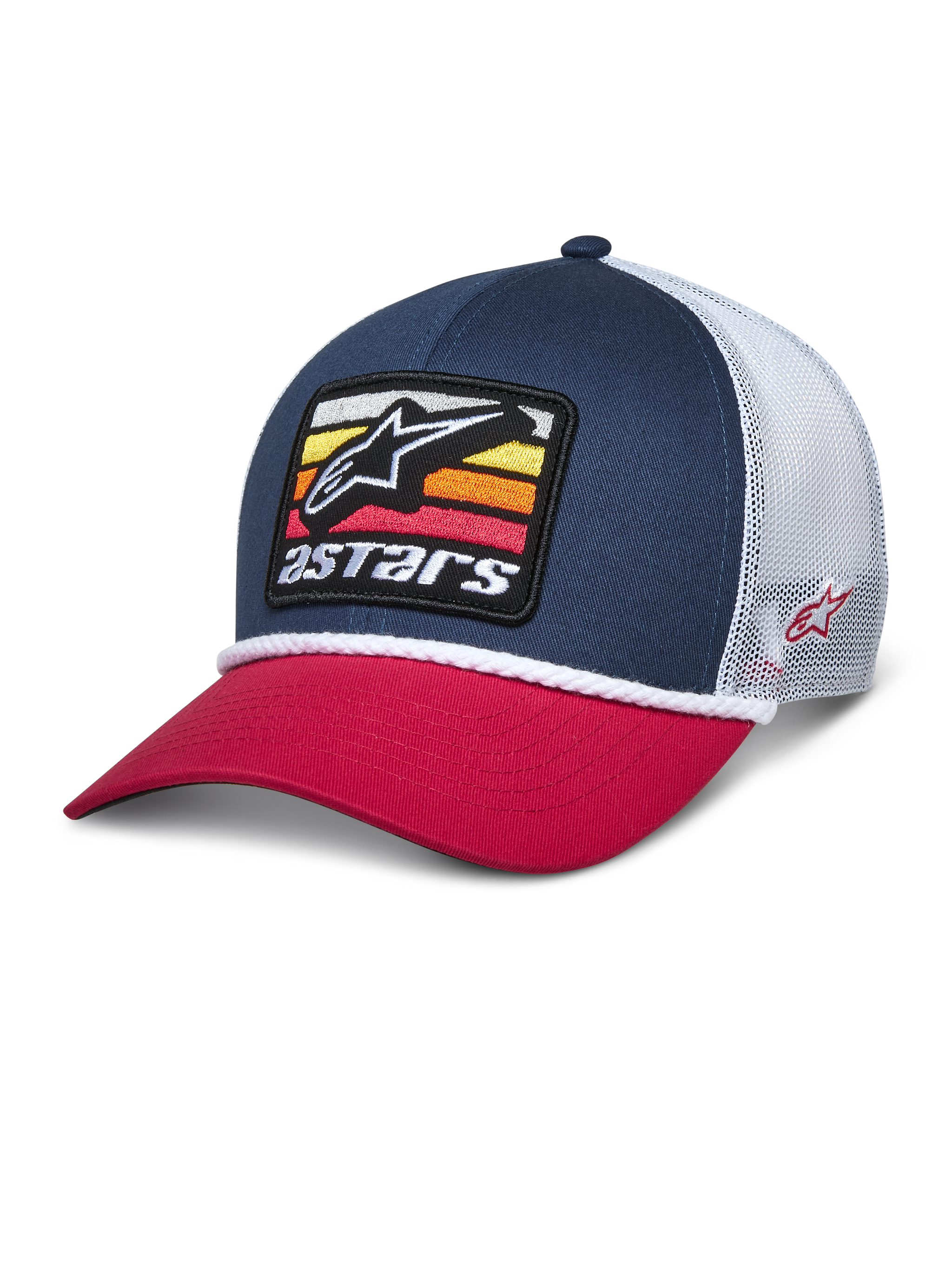 Alpinestars Selica Trucker Hat, Navy Blue and Red Snapback Cap with White mesh back, front embroidered patch featuring the star logo and colorful stripes, white braided rope trim, casual motorsport-inspired streetwear