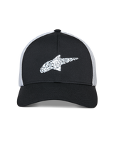 Alpinestars Terolithic Trucker Hat, Sportswear Hat, Black with White mesh back, textured white Alpinestars star logo on front, curved bill and structured low crown