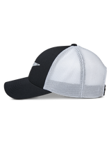 Alpinestars Terolithic Trucker Hat, side profile view, black front panels and curved bill with white mesh back panels, casual sportswear snapback cap