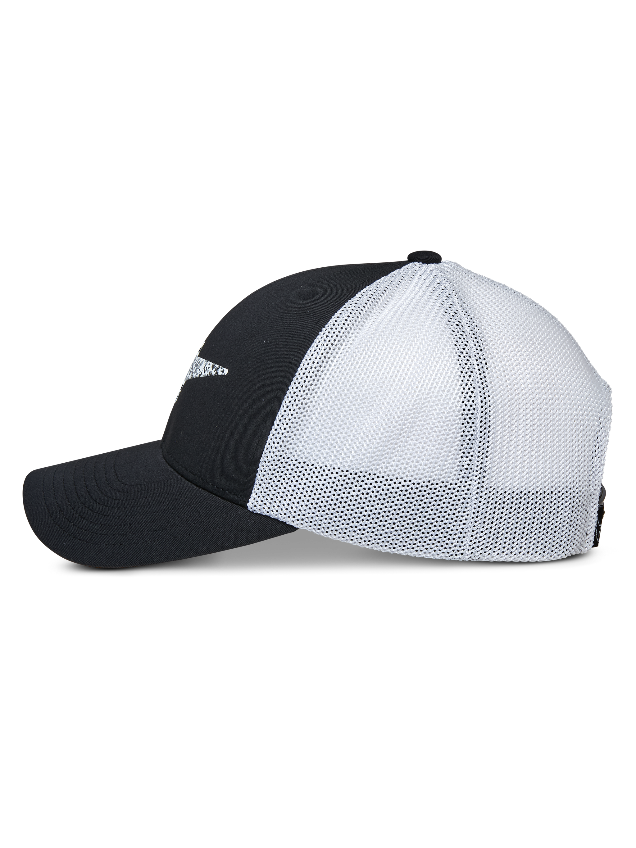 Alpinestars Terolithic Trucker Hat, side profile view, black front panels and curved bill with white mesh back panels, casual sportswear snapback cap
