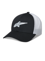 Alpinestars Terolithic Trucker Hat, Black and White, curved brim baseball cap with patterned TPU star logo, white breathable mesh back panel, structured low crown design