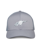 Alpinestars Terolithic Trucker Hat, Gray, featuring a speckled black and white Astar logo, curved bill and mesh back, casual motorsport-inspired headwear