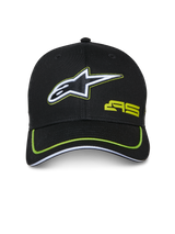 Alpinestars Exceed Trucker Hat, Black with Lime Green Accents, features embroidered white and black star logo, lime green AS logo, curved bill with neon piping, casual motorsport-inspired headwear