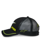 Alpinestars Exceed Trucker Hat, side profile of a black snapback cap, featuring a black mesh back, curved bill with neon green piping, neon green embroidered logos, casual motorsport headwear