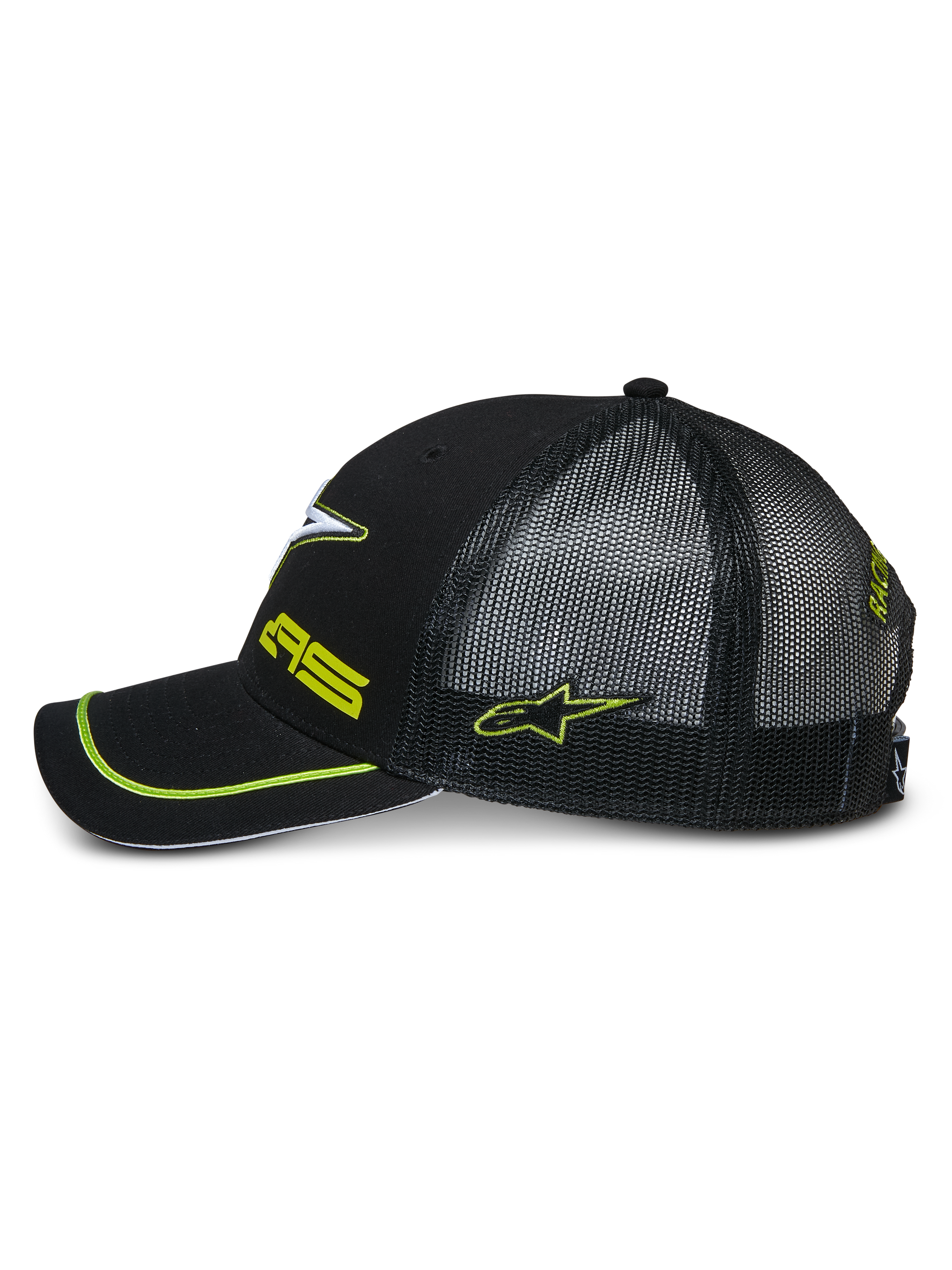 Alpinestars Exceed Trucker Hat, side profile of a black snapback cap, featuring a black mesh back, curved bill with neon green piping, neon green embroidered logos, casual motorsport headwear