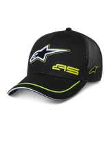 Alpinestars Exceed Trucker Hat, black trucker cap with structured front and mesh back, featuring a large white and lime green embroidered Astars logo, AS branding on crown, curved bill with lime green trim, casual motorsport headwear