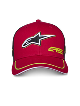 Alpinestars Exceed Trucker Hat, Red and Black, Curved Bill with Lime Green piping, 3D embroidered Alpinestars logo, black mesh back, structured crown, casual motorsport headwear
