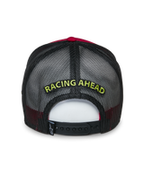 Alpinestars Exceed Trucker Hat, Rear View, Red and Black, features yellow "RACING AHEAD" embroidery on black mesh, adjustable snapback closure, casual sportswear headwear