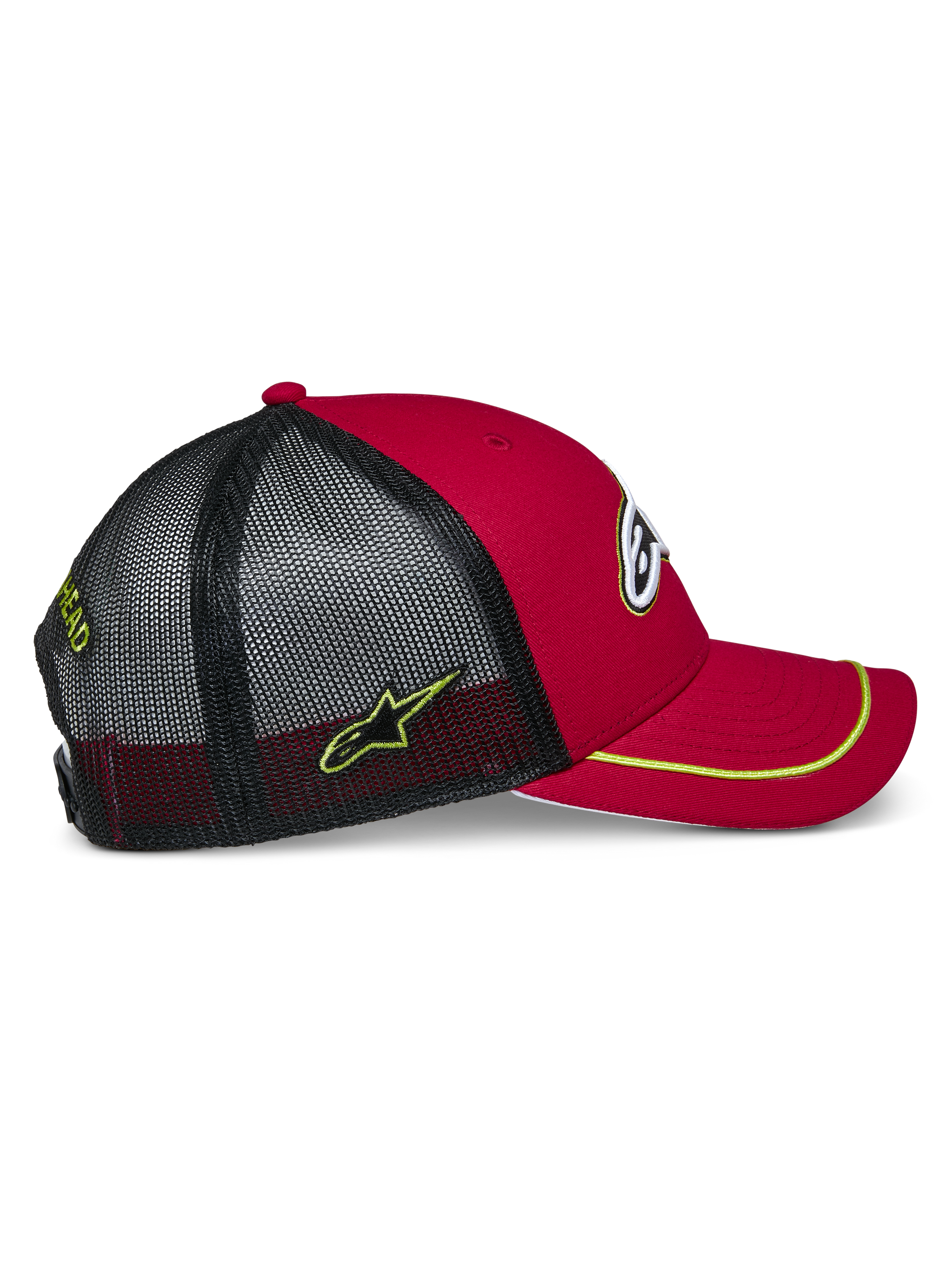 Alpinestars Exceed Trucker Hat, Red and Black with Neon Yellow accents, featuring a curved bill with neon yellow sutache trim, red structured crown, and black mesh back with embroidered side logo, casual motorsport style